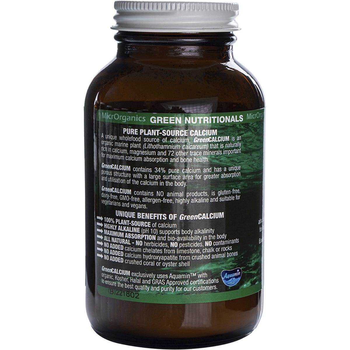 Back of Green Nutritionals Green Calcium Powder 100g tub with nutrition facts, ingredients, and usage directions.