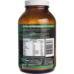 Back of Green Nutritionals Green Calcium 250g tub showing nutritional analysis, ingredients, and organic certifications.