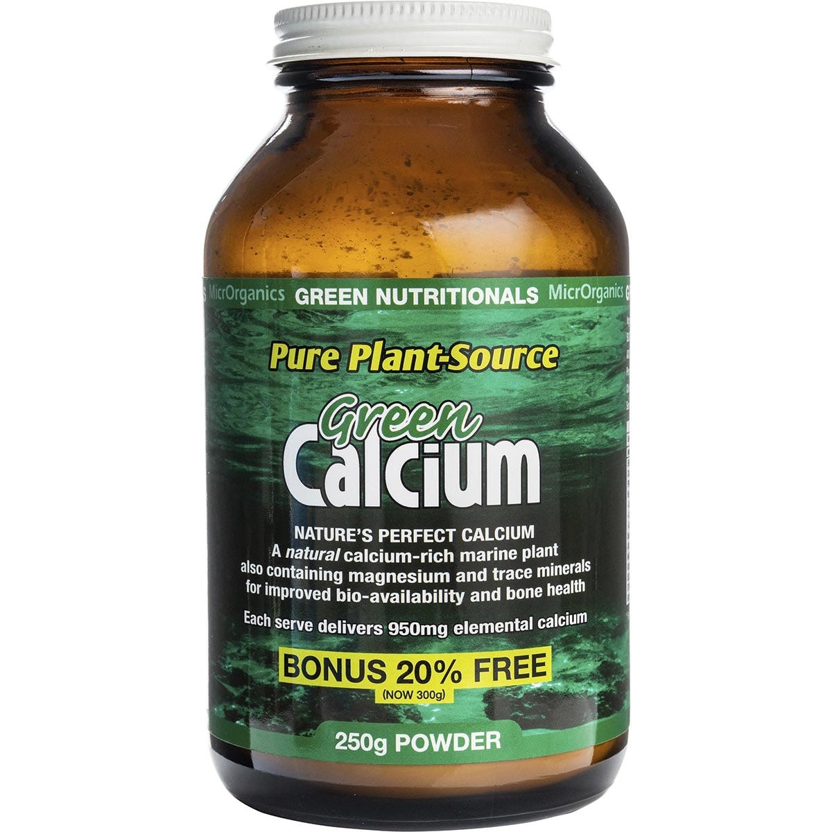 250g tub of Green Nutritionals Green Calcium Powder with organic marine plant illustrations on a white background.