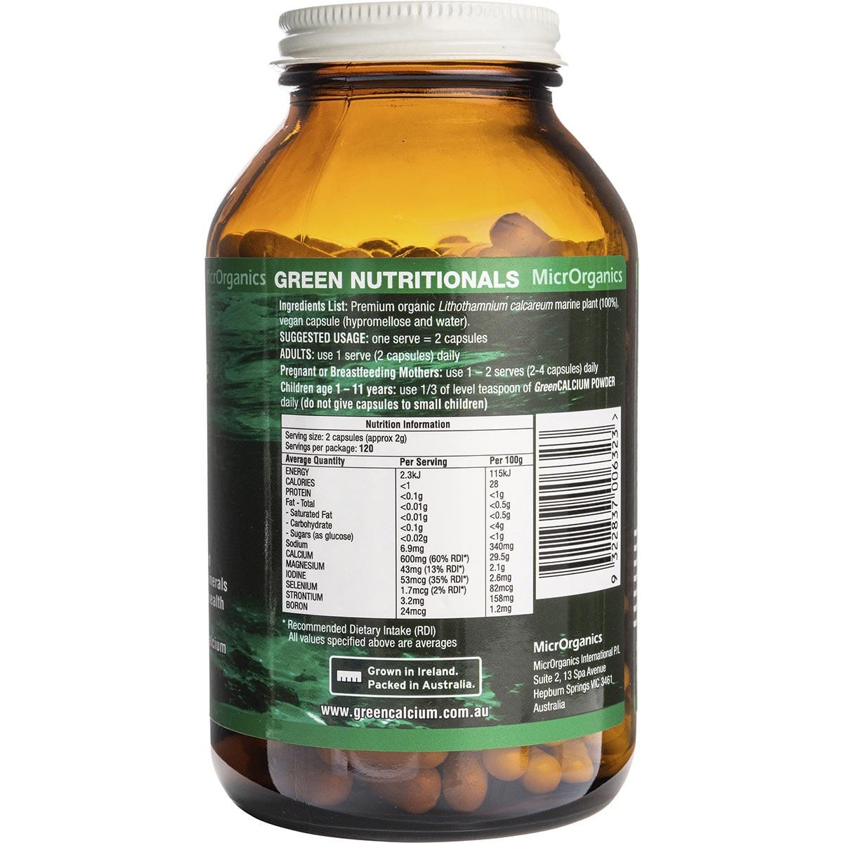 Side view of Green Nutritionals Green Calcium bottle showing 240 vegan capsules and 600mg dosage.