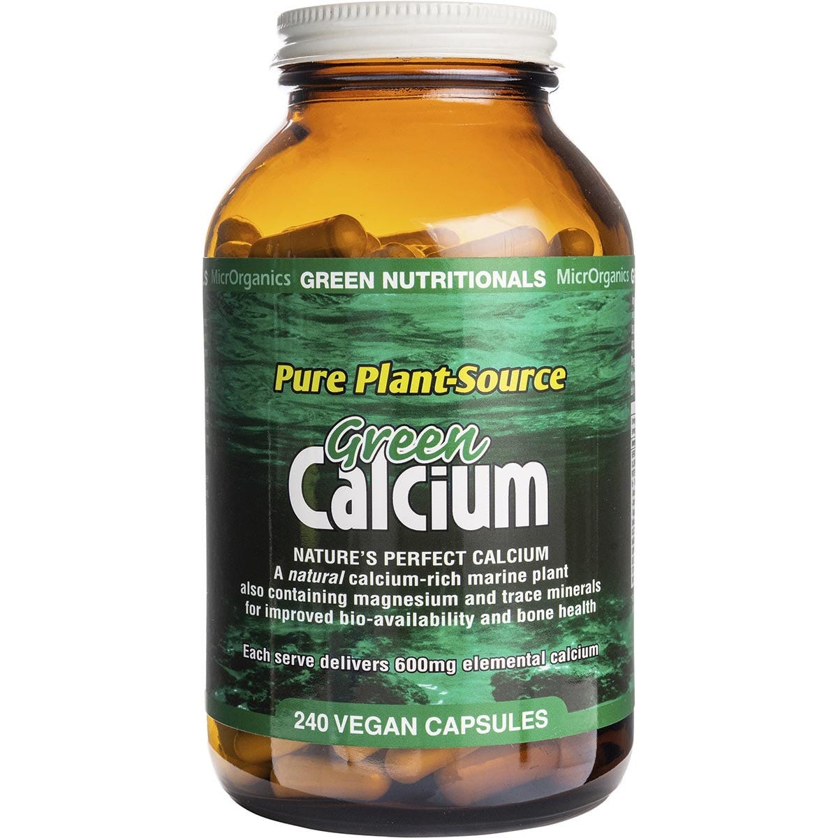 Bottle of Green Nutritionals Green Calcium, 240 vegan capsules, 600mg, with a green label on a white background.