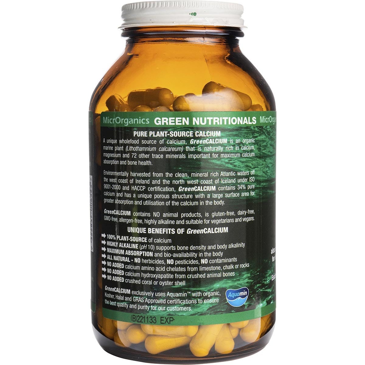 Green Nutritionals Green Calcium 240 vegan capsules bottle showing 600mg dosage and organic plant-source label.