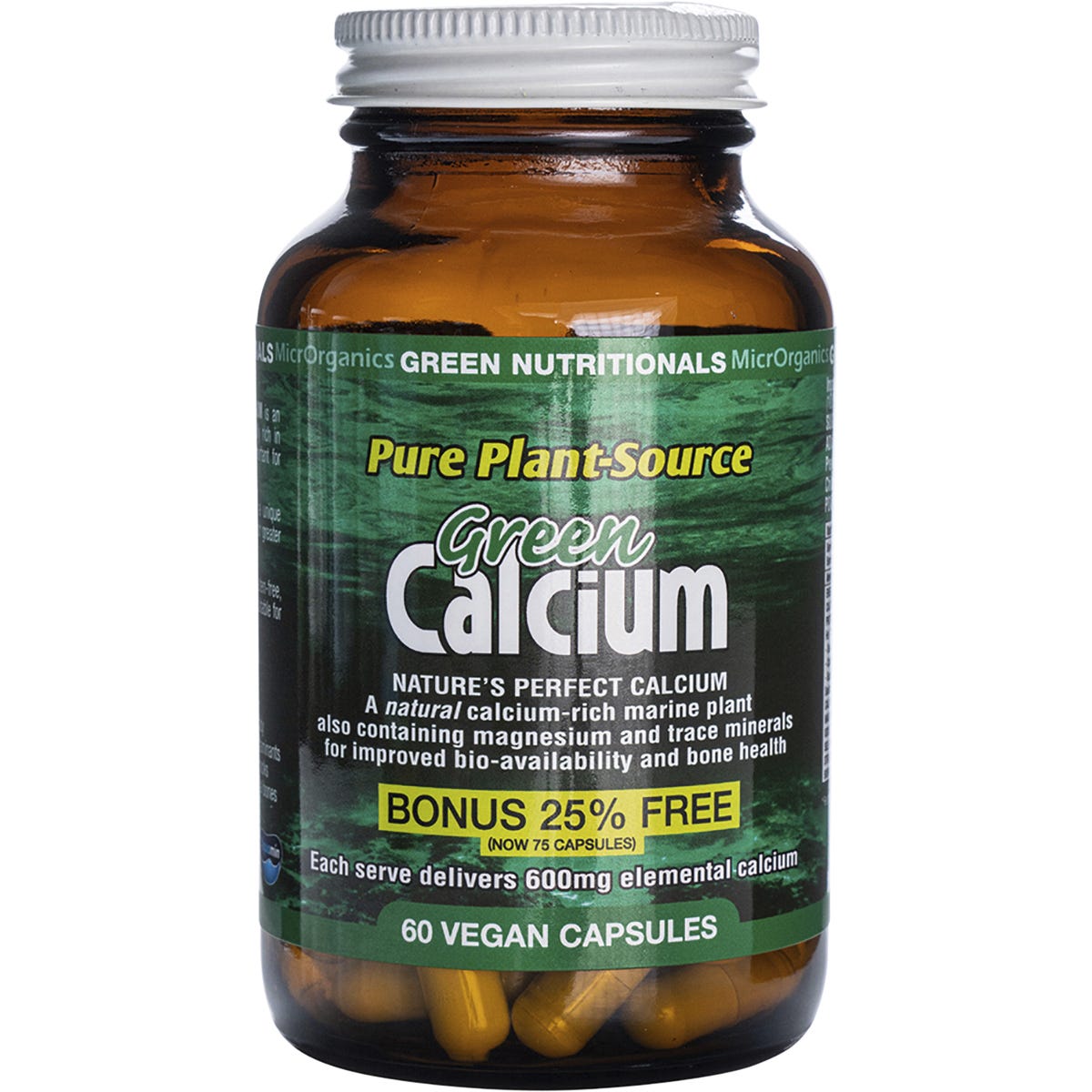 60 Green Nutritionals Green Calcium vegan capsules in a white bottle with a green and blue botanical label.