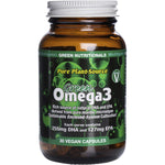 30 Green Nutritionals Green Omega3 vegan capsules in a white bottle with green and blue labels for heart and brain health.