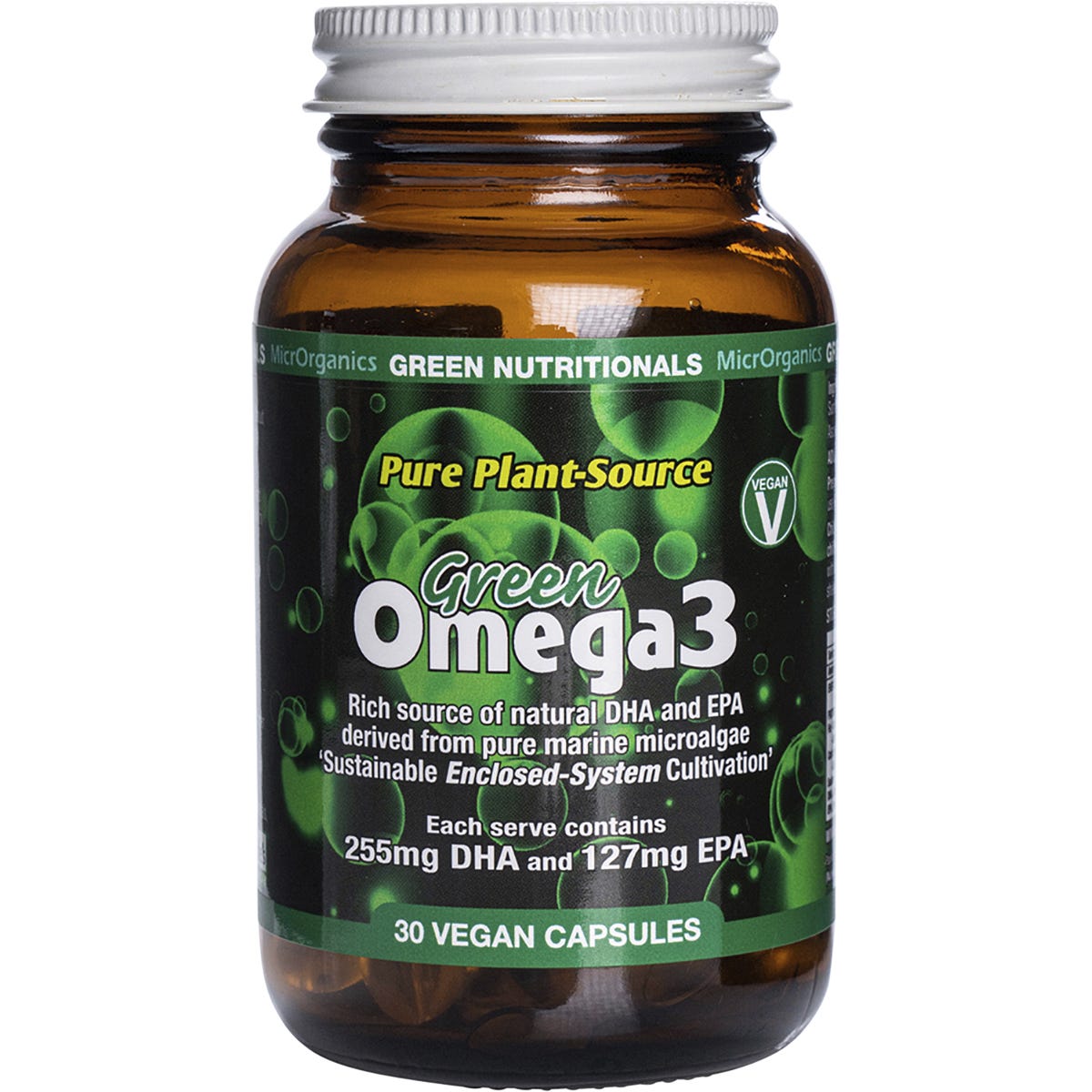 30 Green Nutritionals Green Omega3 vegan capsules in a white bottle with green and blue labels for heart and brain health.