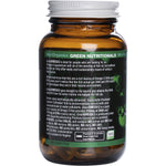 Side view of Green Nutritionals Green Omega3 30-capsule bottle showing supplemental facts and key product benefits.