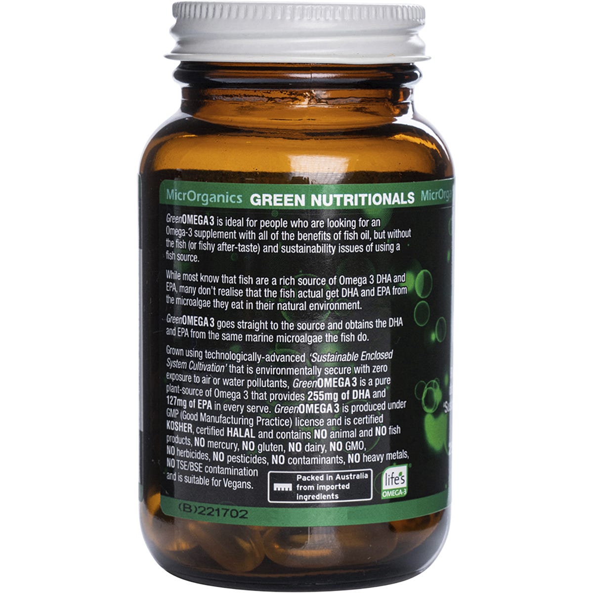 Side view of Green Nutritionals Green Omega3 30-capsule bottle showing supplemental facts and key product benefits.