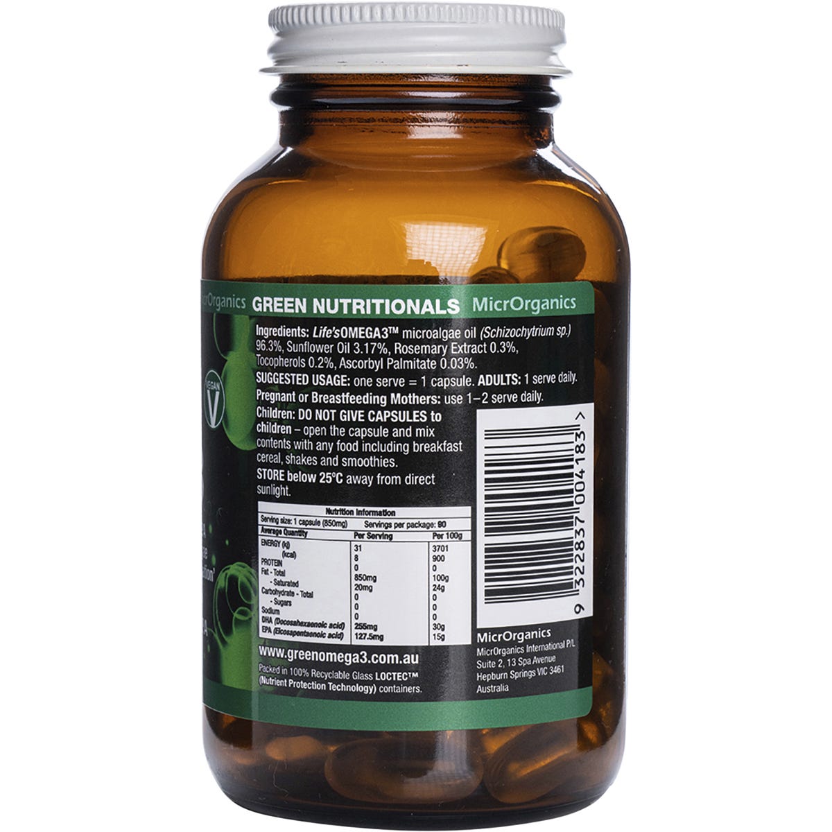Green Nutritionals Vegan Omega3 90 capsules in a white tub with a green and blue label on a white background.