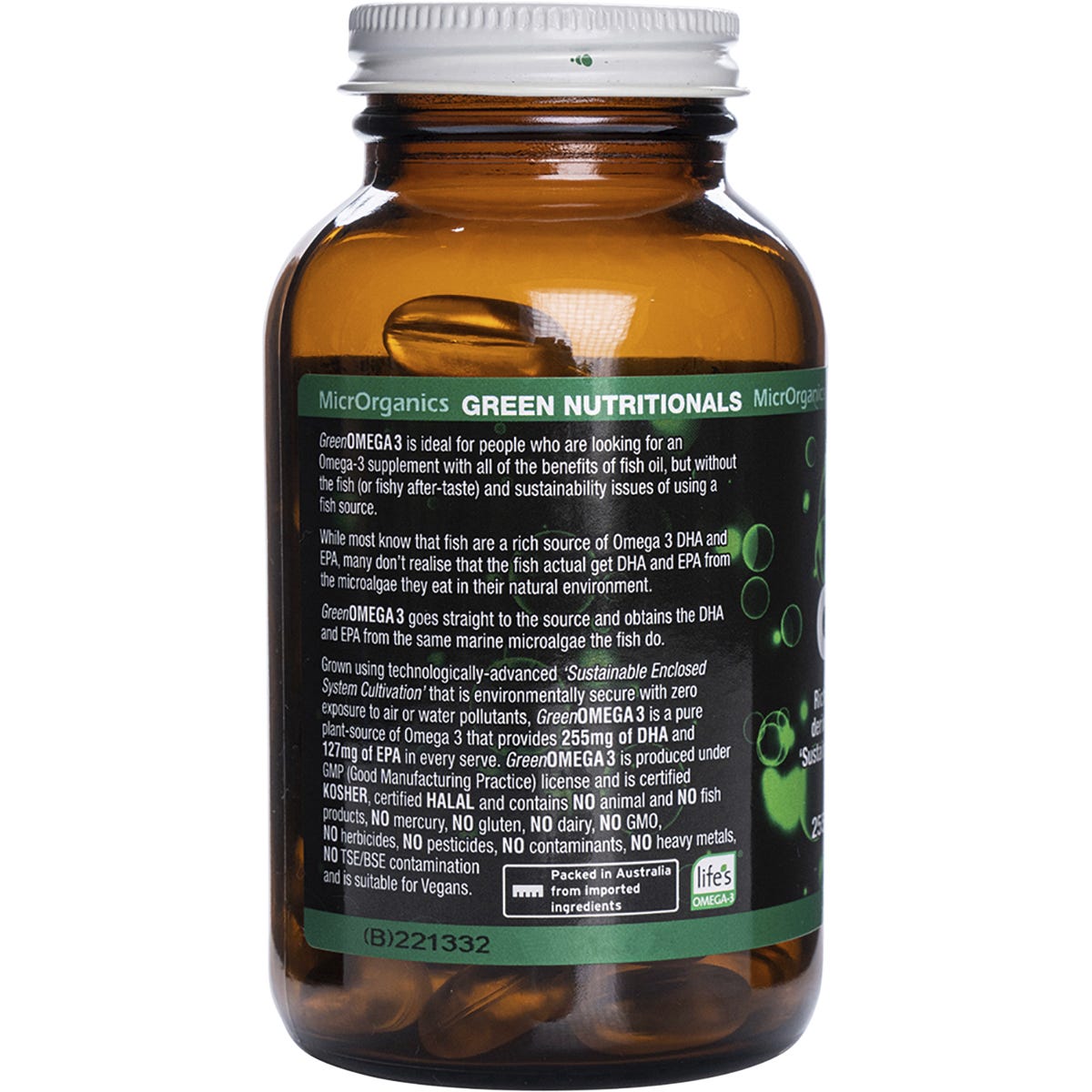 Side view of Green Nutritionals Green Omega3 90 capsules tub showing supplement facts and ingredient information.