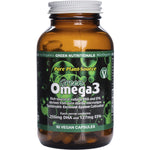 90 capsules of Green Nutritionals Green Omega3 vegan supplements in a white tub with green and blue labels.