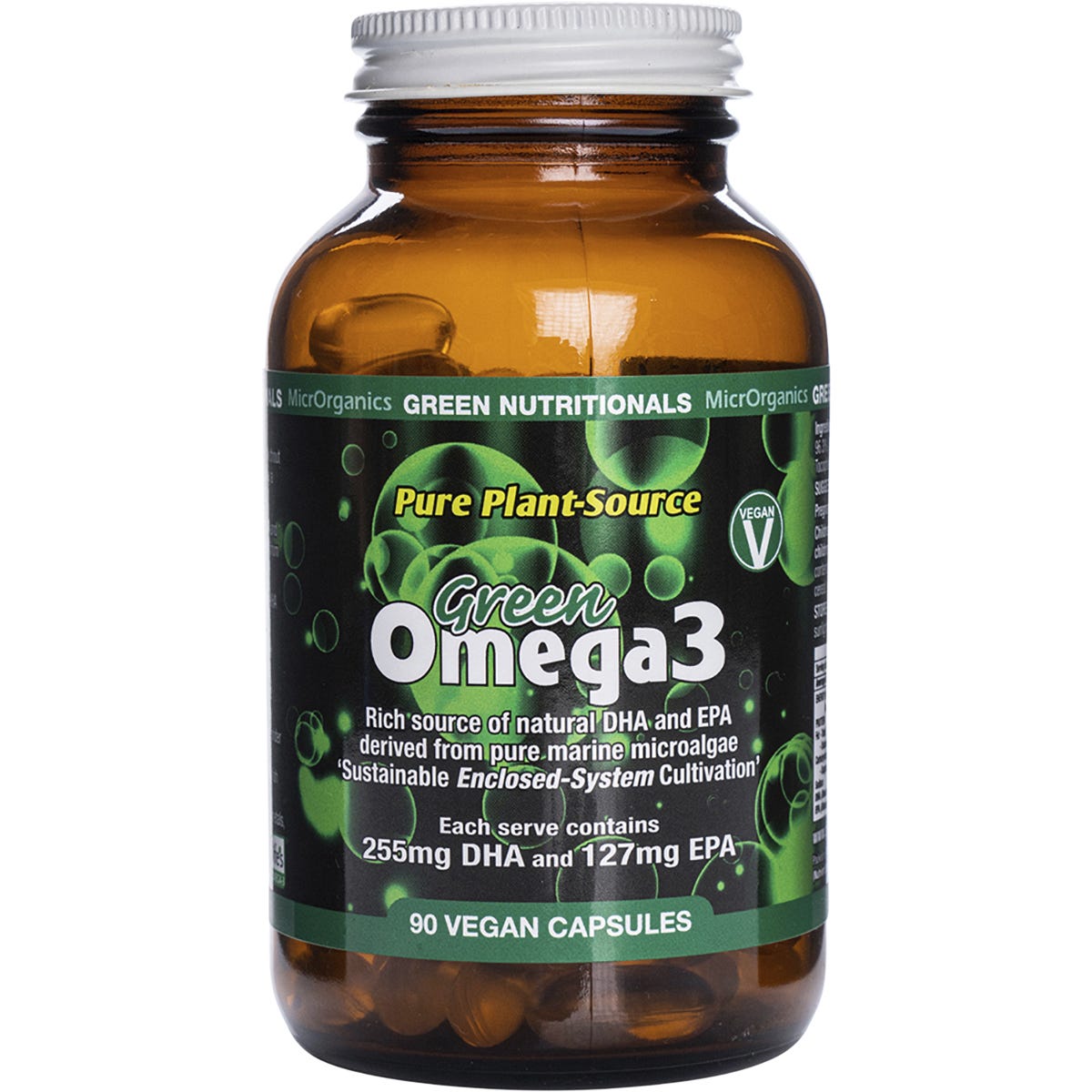 90 capsules of Green Nutritionals Green Omega3 vegan supplements in a white tub with green and blue labels.