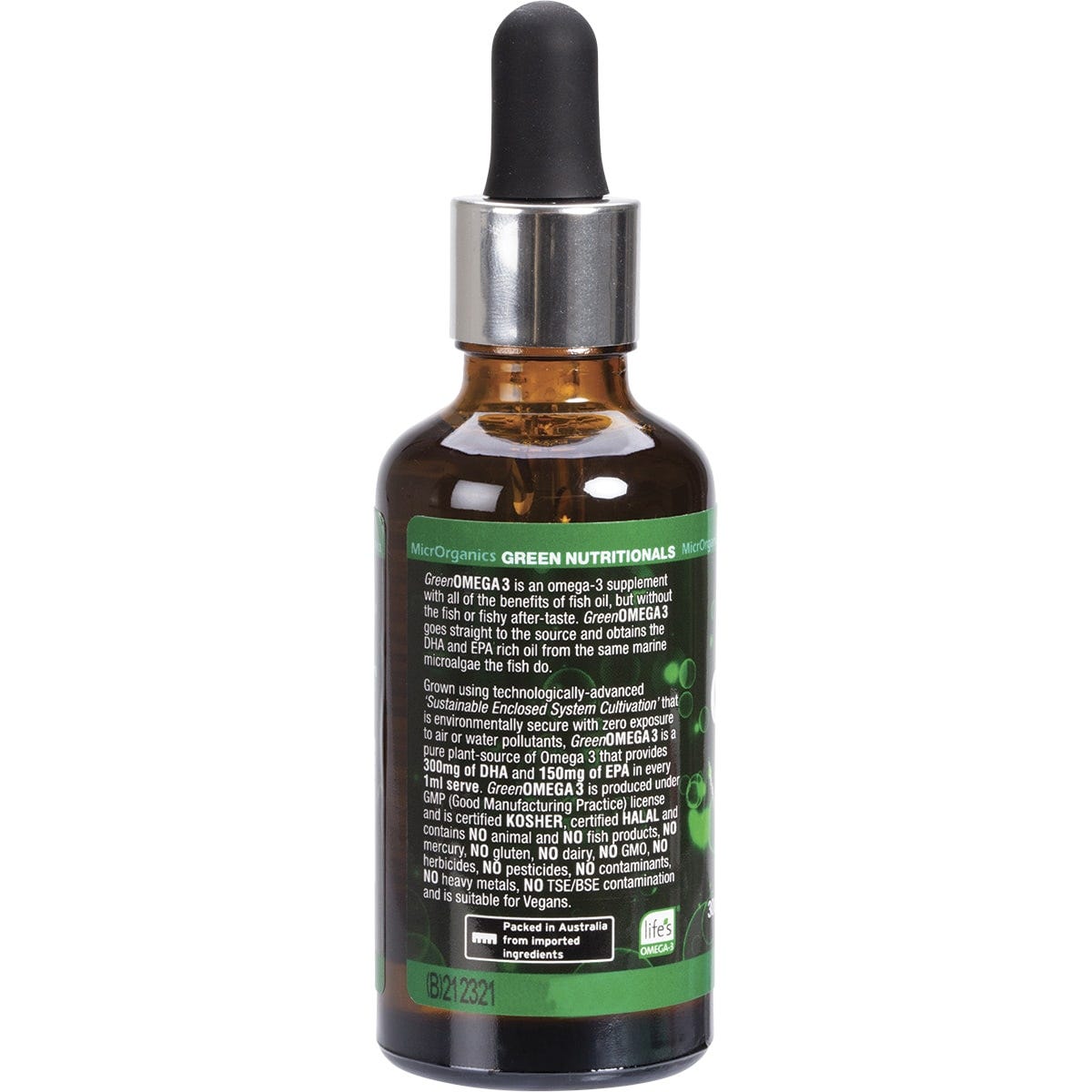 Side view of Green Omega3 Vegan Drops 50ml bottle showing nutritional information and plant-based benefits.