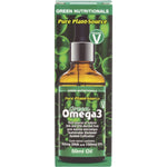 Green Nutritionals Green Omega3 Vegan Drops 50ml bottle showing product certification and sourcing logos.