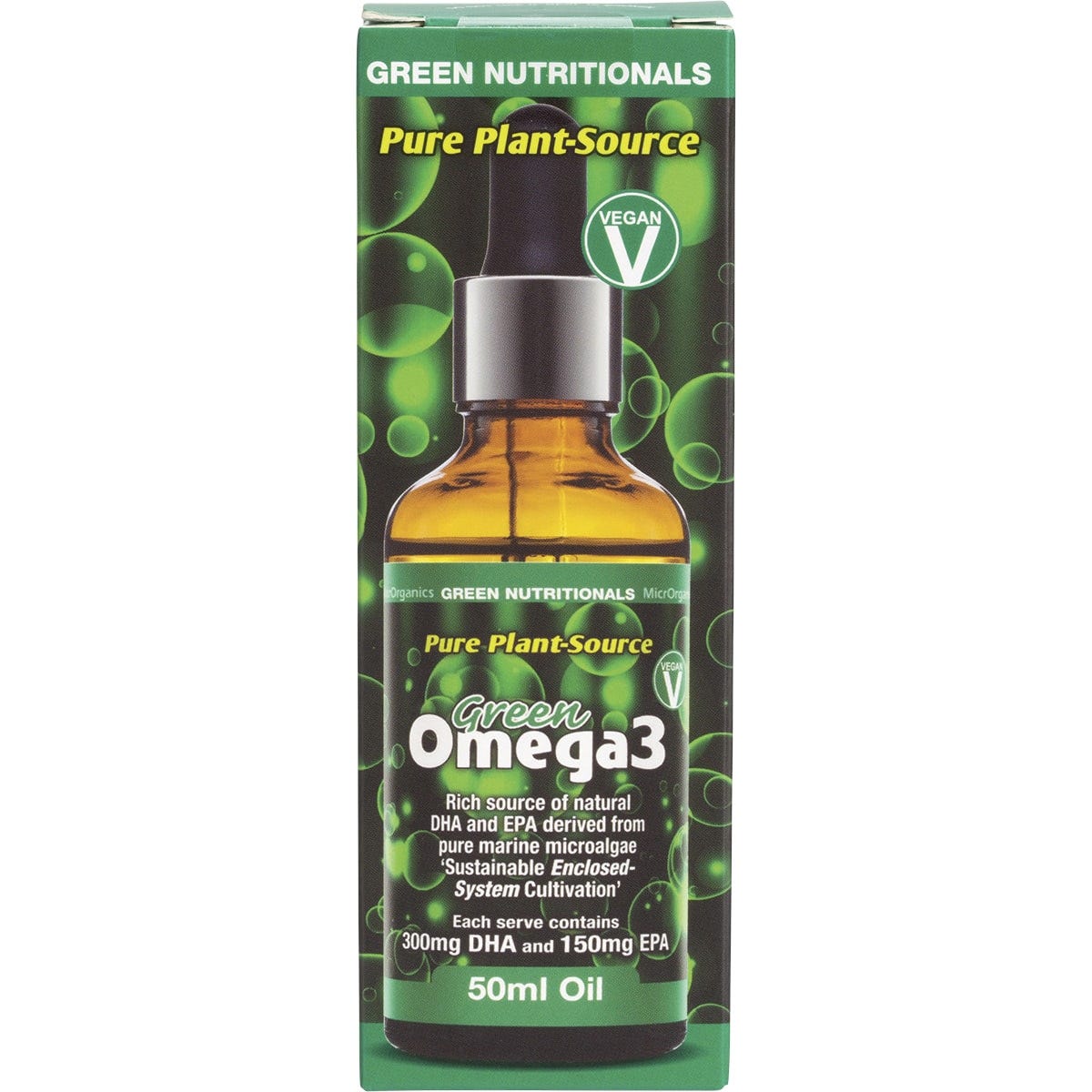Green Nutritionals Green Omega3 Vegan Drops 50ml bottle showing product certification and sourcing logos.