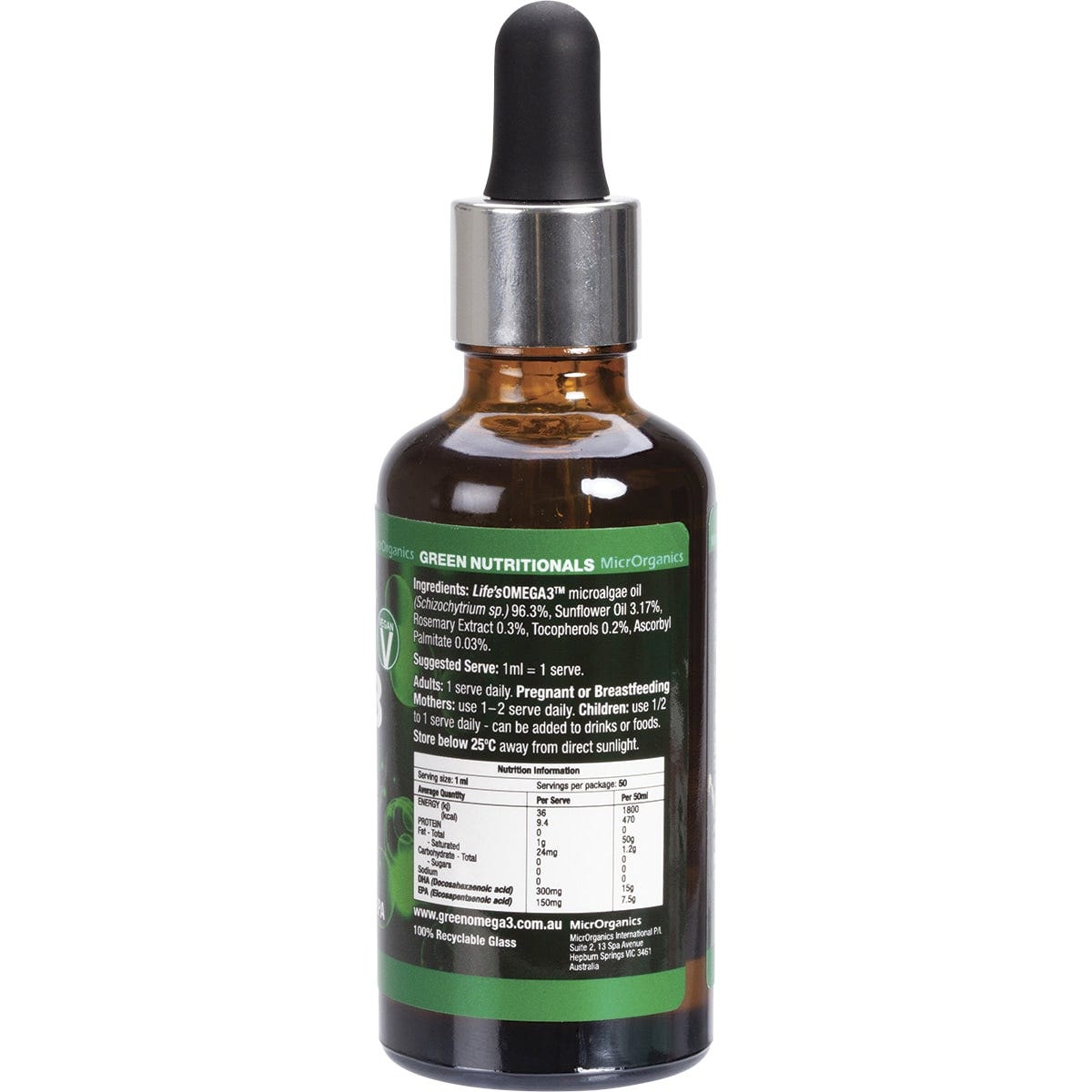 Back of Green Omega3 Vegan Drops 50ml bottle showing ingredients, suggested use, and storage instructions.