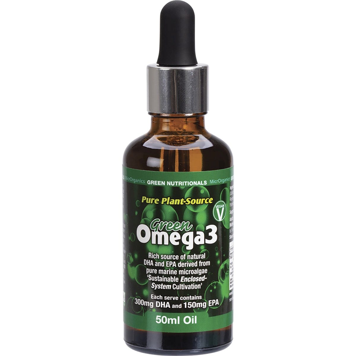 Green Omega3 Vegan Drops 50ml bottle with 300mg DHA and 150mg EPA, shown on a white background.