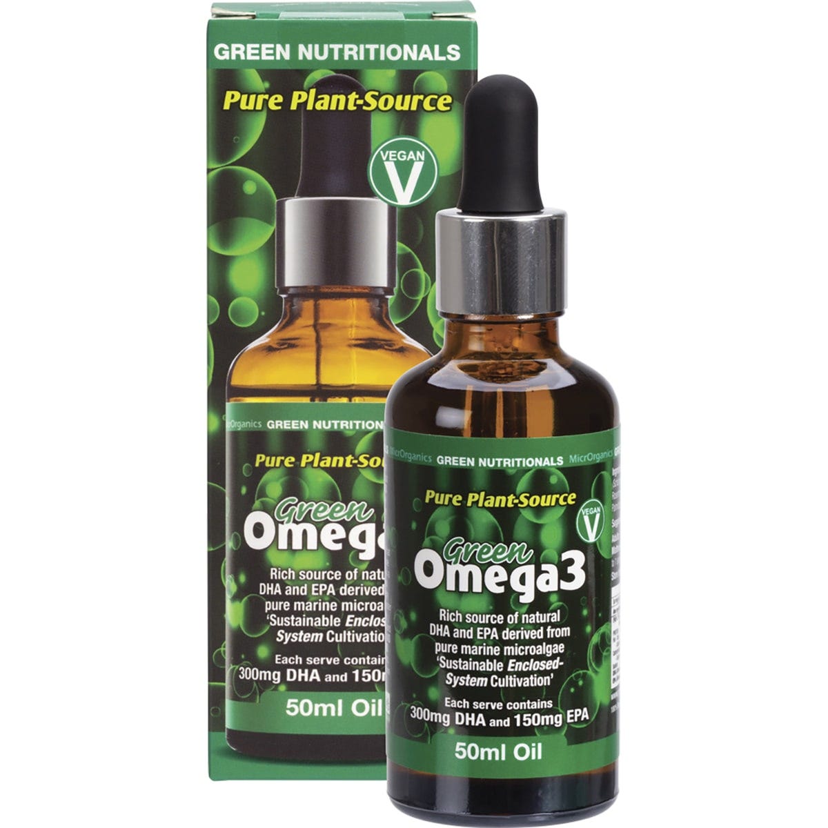 50ml bottle of Green Nutritionals Green Omega3 Vegan Drops with 300mg DHA and 150mg EPA per serving.