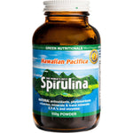 100g jar of Green Nutritionals Hawaiian Pacifica Spirulina Powder with a green and white label and gold lid.