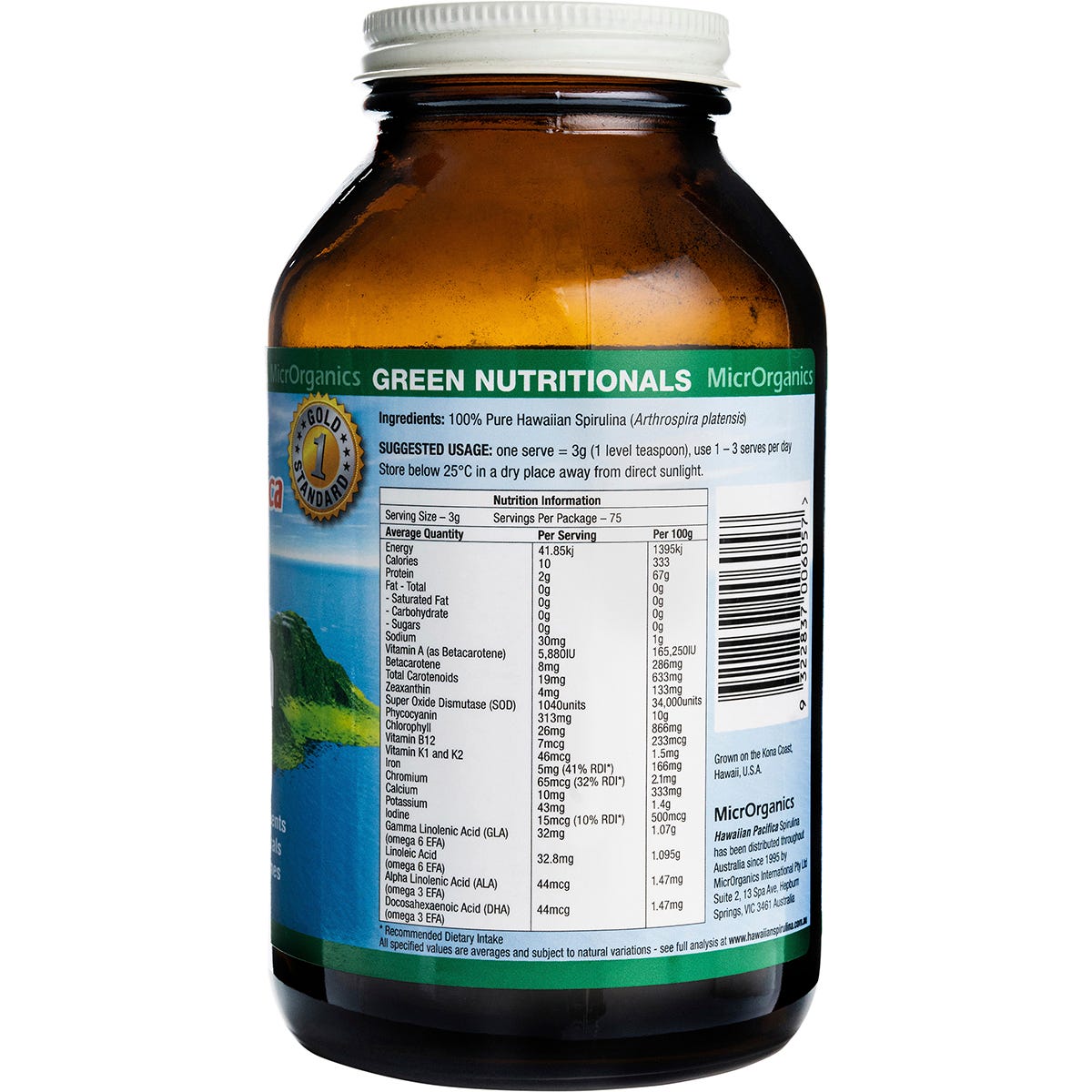 Back of Green Nutritionals Hawaiian Pacifica Spirulina 225g tub with nutrition facts and directions for use.