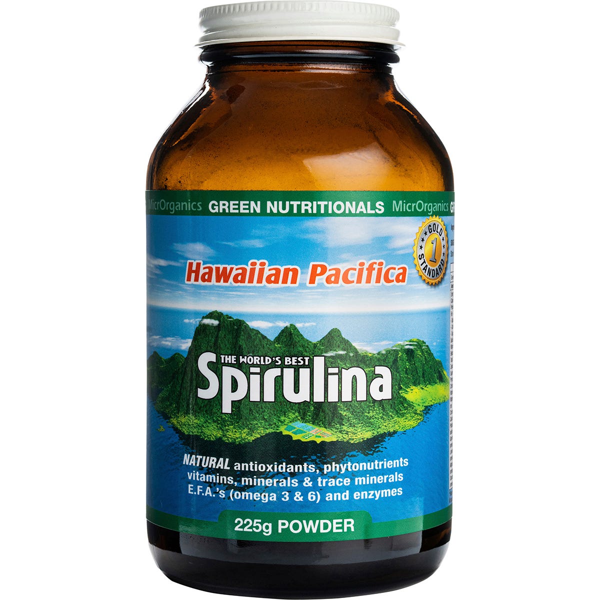 225g tub of Green Nutritionals Hawaiian Pacifica Spirulina Powder with a dark green label and lid.