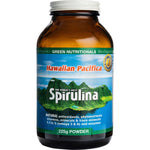225g tub of Green Nutritionals Hawaiian Pacifica Spirulina Powder with a dark green label and lid.