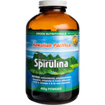 450g glass jar of Green Nutritionals Hawaiian Pacifica Spirulina Powder with a green and white label.