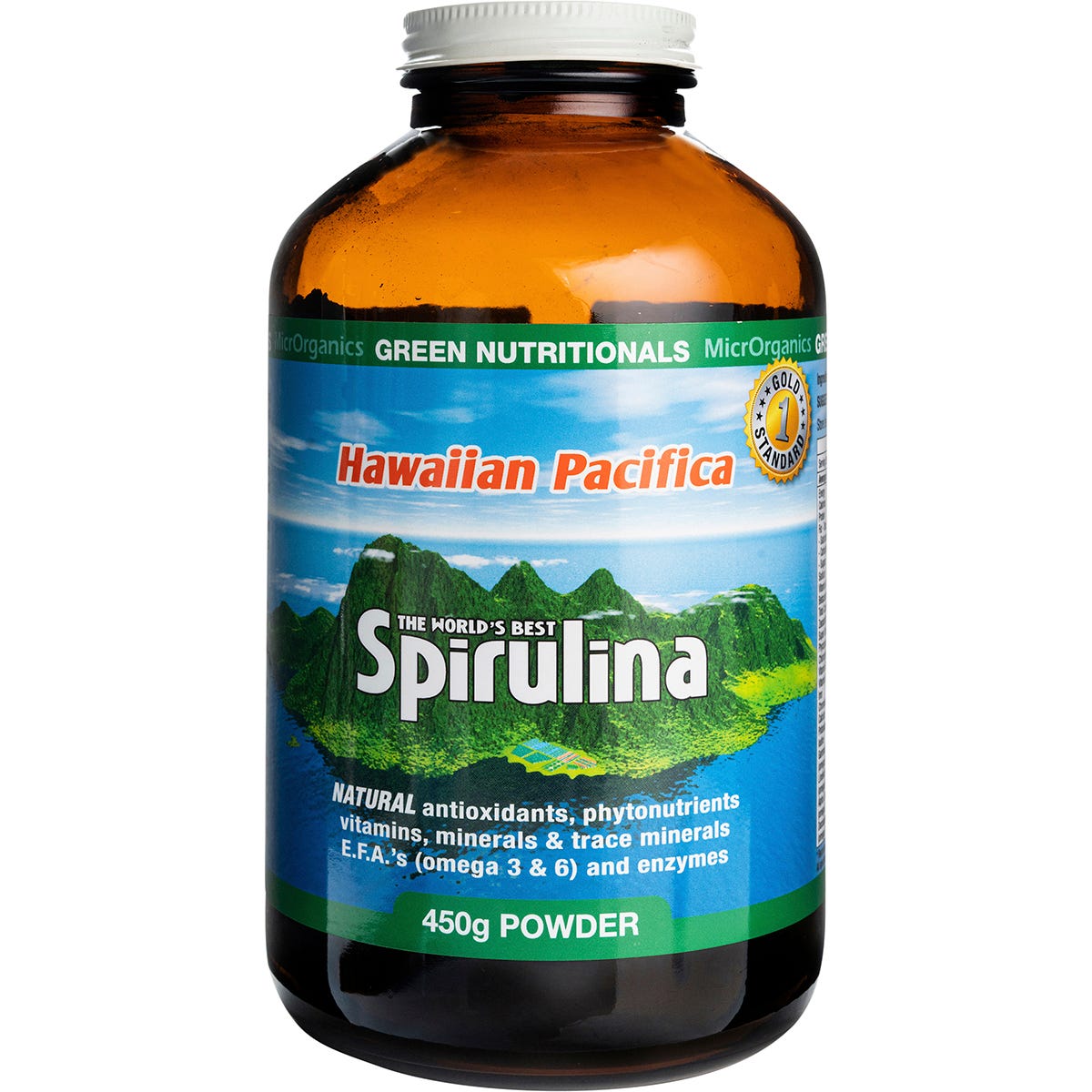 450g glass jar of Green Nutritionals Hawaiian Pacifica Spirulina Powder with a green and white label.