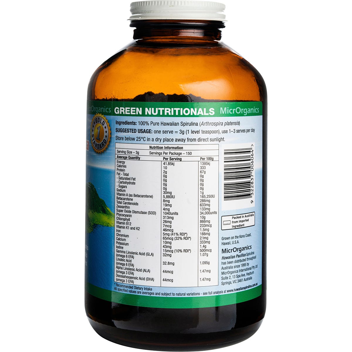 Side view of a Green Nutritionals Hawaiian Pacifica Spirulina Powder 450g glass jar with a green and white label.
