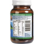 Side view of Green Nutritionals Hawaiian Pacifica Spirulina 100 tablets jar showing nutrition and directions.