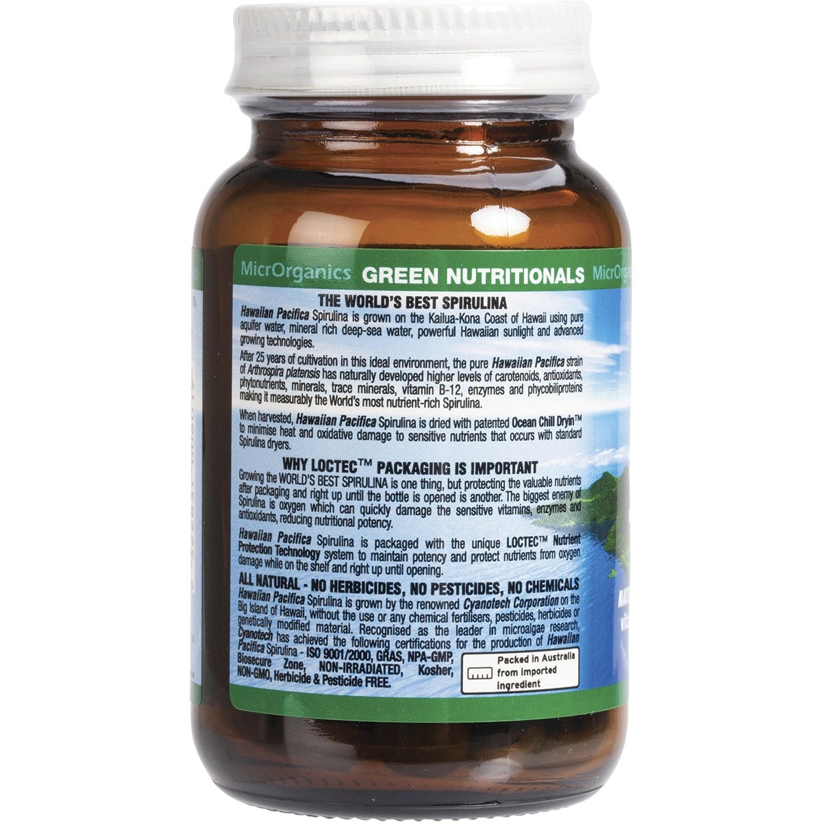 Glass jar of Green Nutritionals Hawaiian Pacifica Spirulina 100 tablets 500mg against a plain white background.