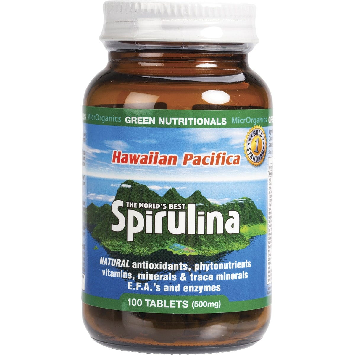 Green Nutritionals Hawaiian Pacifica Spirulina 100 tablets 500mg in a glass jar on a white background.