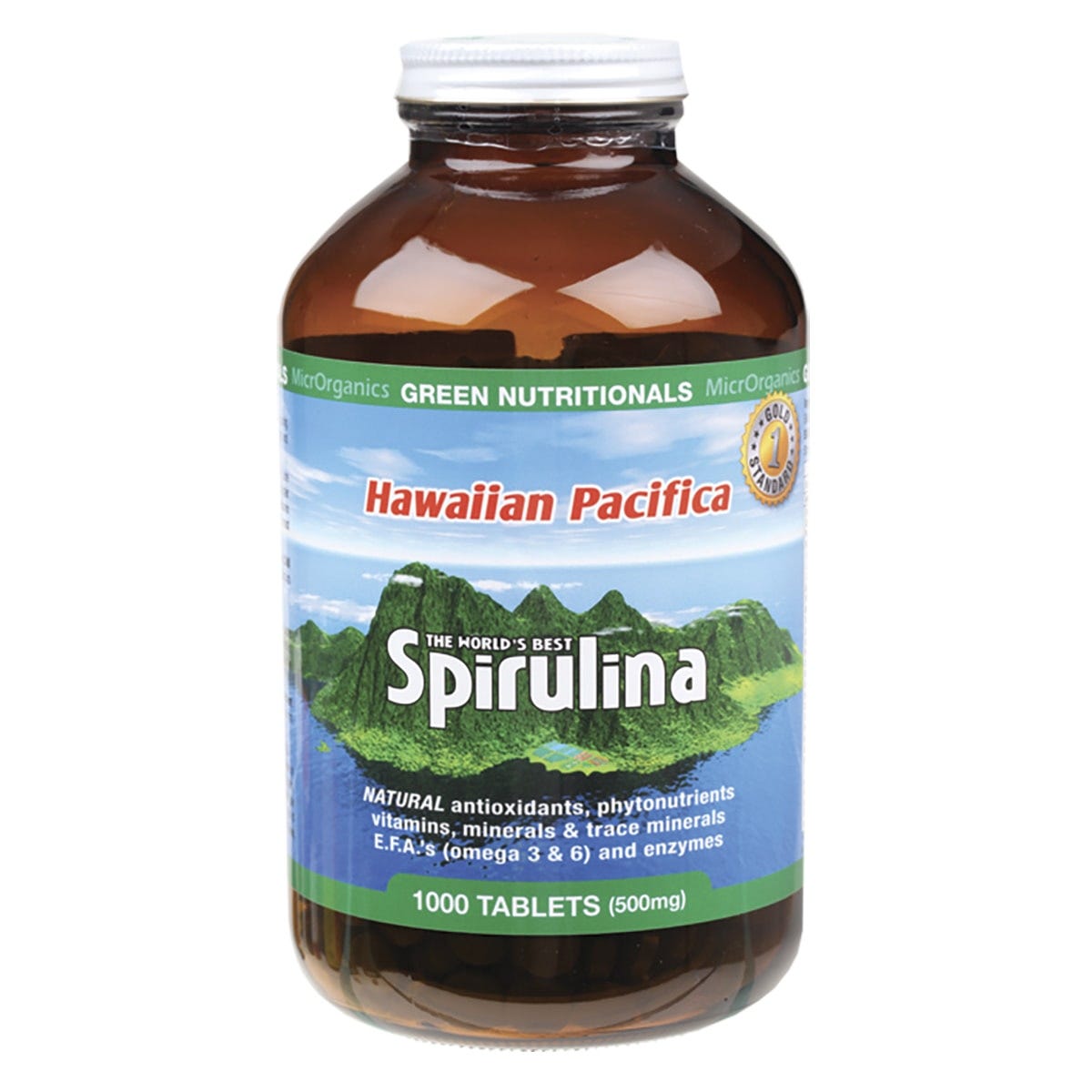 1000 tablets of Green Nutritionals Hawaiian Pacifica Spirulina in a glass bottle with a yellow and blue label.