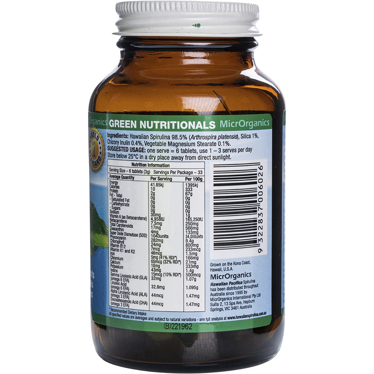 Green Nutritionals Hawaiian Pacifica Spirulina bottle with 200 tablets and green branding on a white background.
