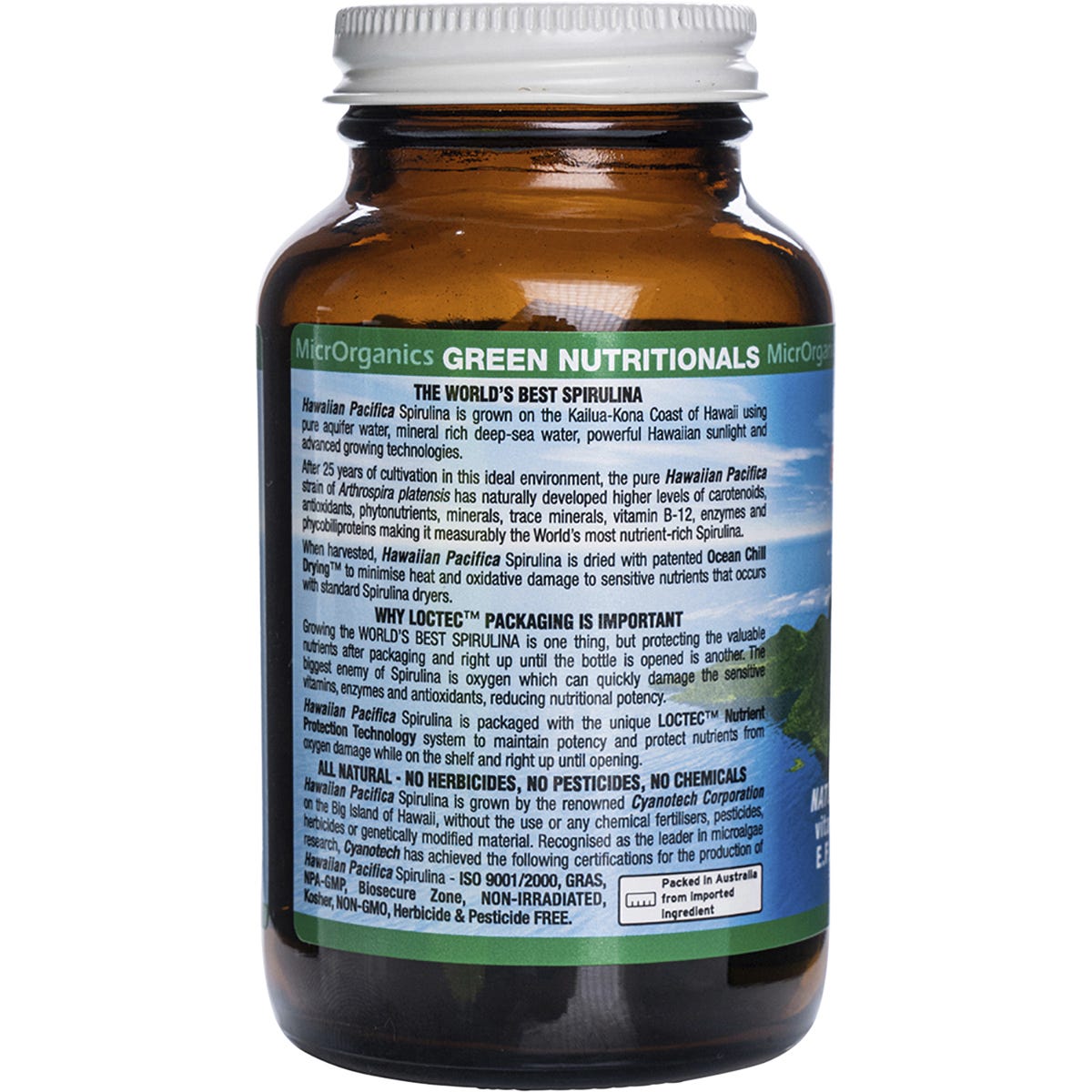 Side view of Green Nutritionals Hawaiian Pacifica Spirulina 200 tabs bottle showing nutritional facts and directions.