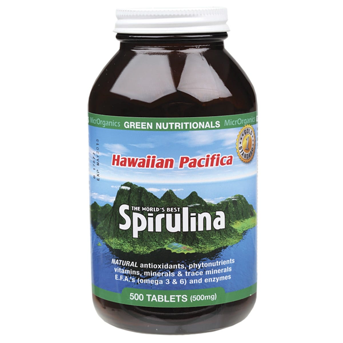 500mg Hawaiian Pacifica Spirulina 500 tablets in a glass bottle with a green label and illustrations.