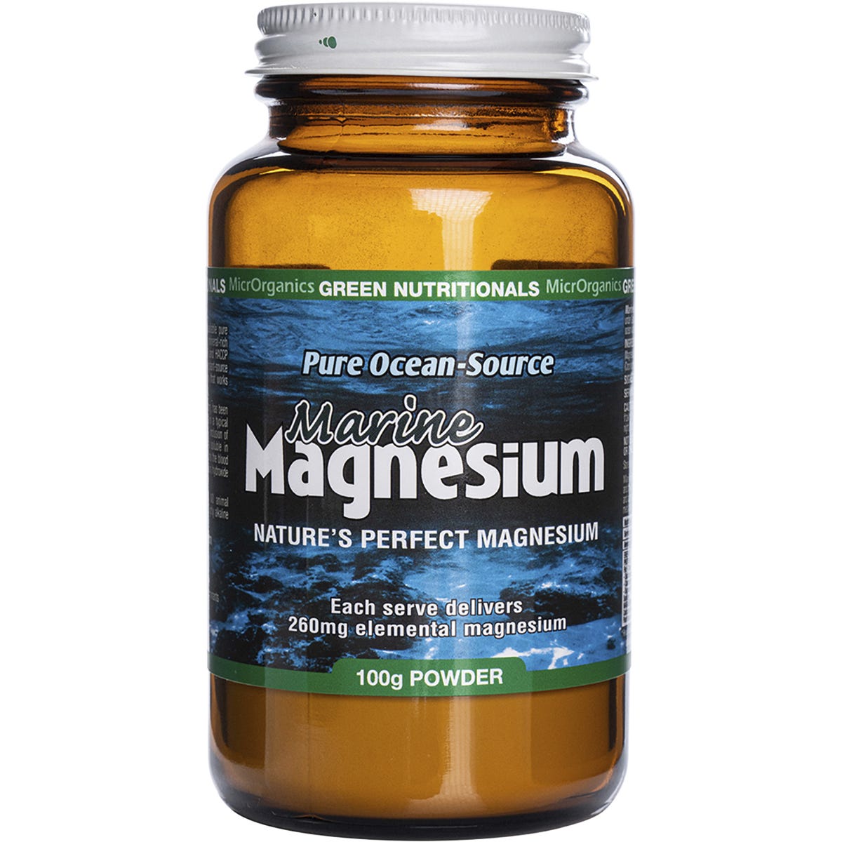 100g tub of Green Nutritionals Marine Magnesium Powder with a blue label featuring a wave and marine plant illustrations.