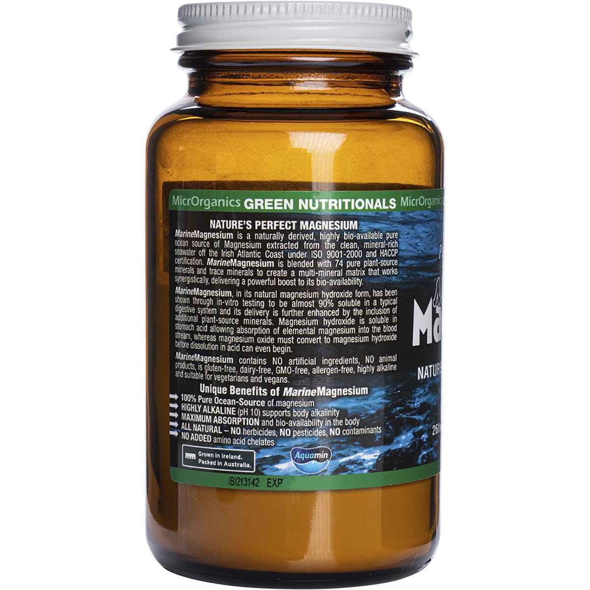 Back of Green Nutritionals Marine Magnesium Powder tub showing nutritional facts and product details.