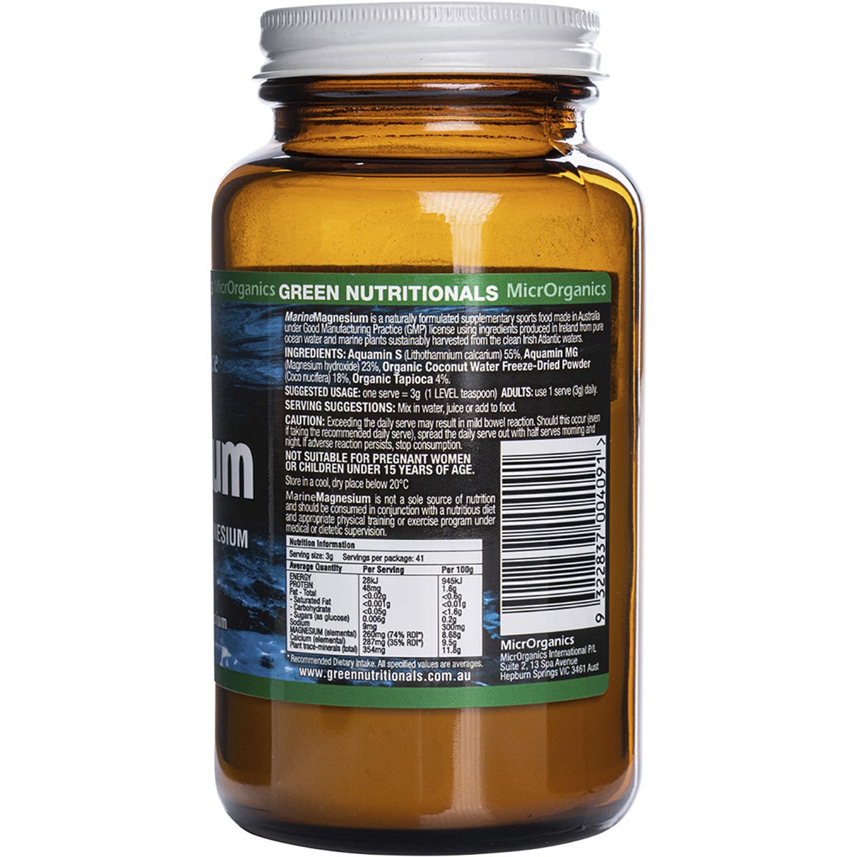 100g tub of Green Nutritionals Marine Magnesium Powder featuring a blue label with a wave design on a white background.