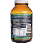 Back view of Green Nutritionals Marine Magnesium 120 capsules bottle showing ingredients and nutritional information.