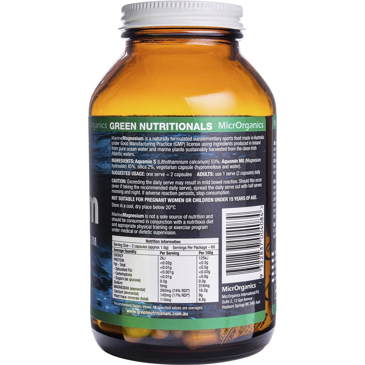 Back view of Green Nutritionals Marine Magnesium 120 capsules bottle showing ingredients and nutritional information.