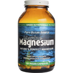 120 vegan capsules of Green Nutritionals Marine Magnesium in a glass bottle with a green and white label.