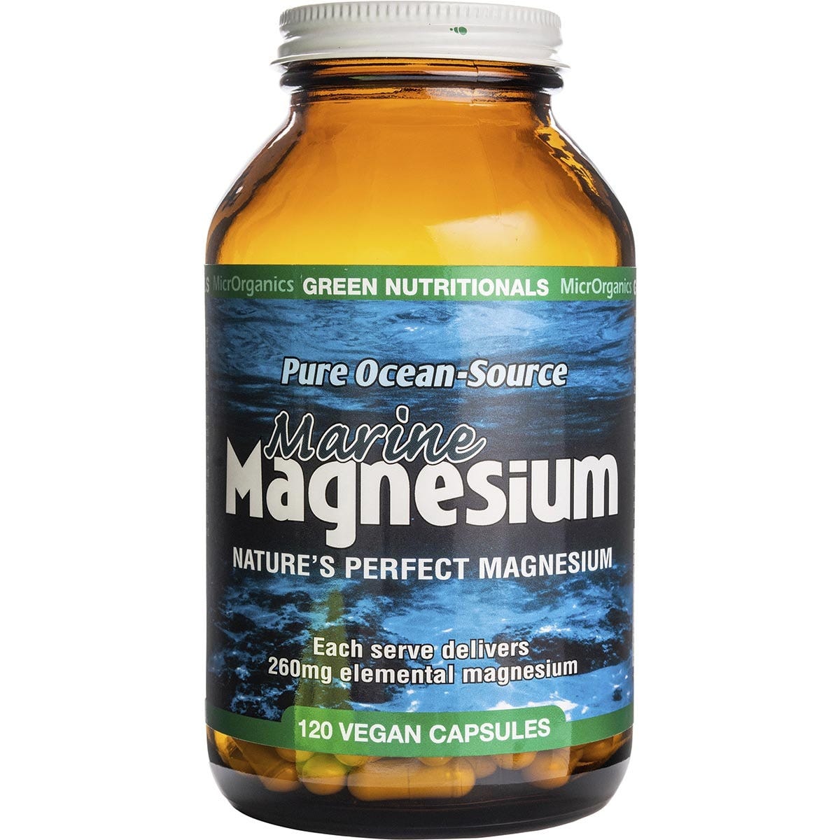 120 vegan capsules of Green Nutritionals Marine Magnesium in a glass bottle with a green and white label.