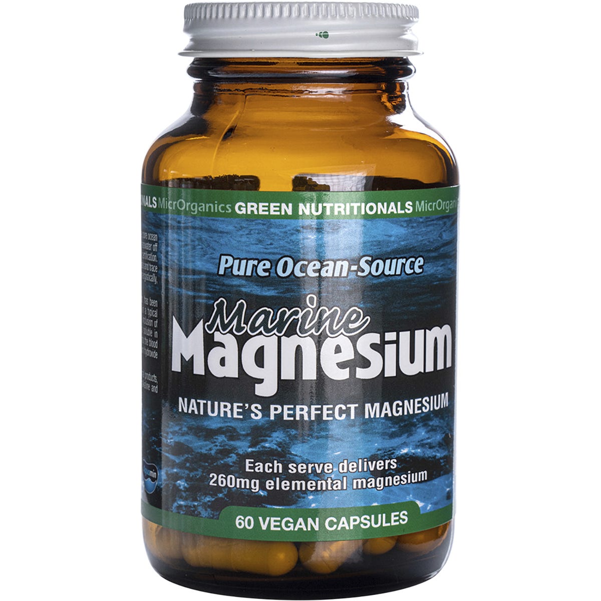 Green Nutritionals Marine Magnesium 60 vegan capsules in a glass bottle with a white and green label.