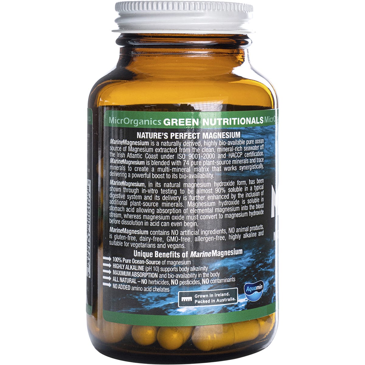 Side view of a Green Nutritionals Marine Magnesium 60-capsule bottle showing nutritional facts and usage directions.
