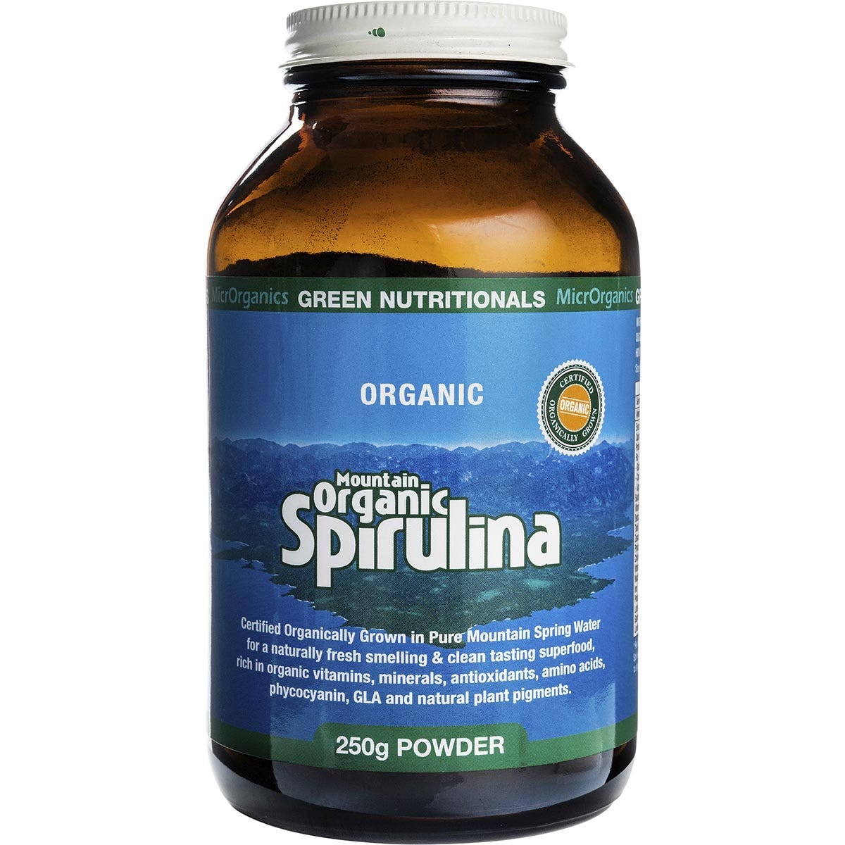 250g glass jar of Green Nutritionals Mountain Organic Spirulina Powder with an amber tint and black metal lid.