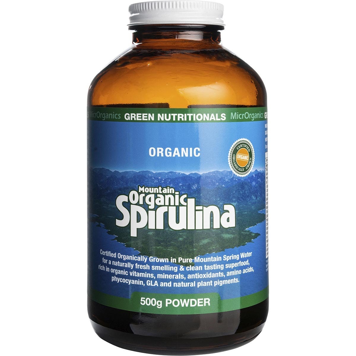 500g tub of Green Nutritionals Mountain Organic Spirulina Powder.