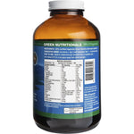 Side view of a 500g tub of Green Nutritionals Mountain Organic Spirulina Powder showing nutritional information.