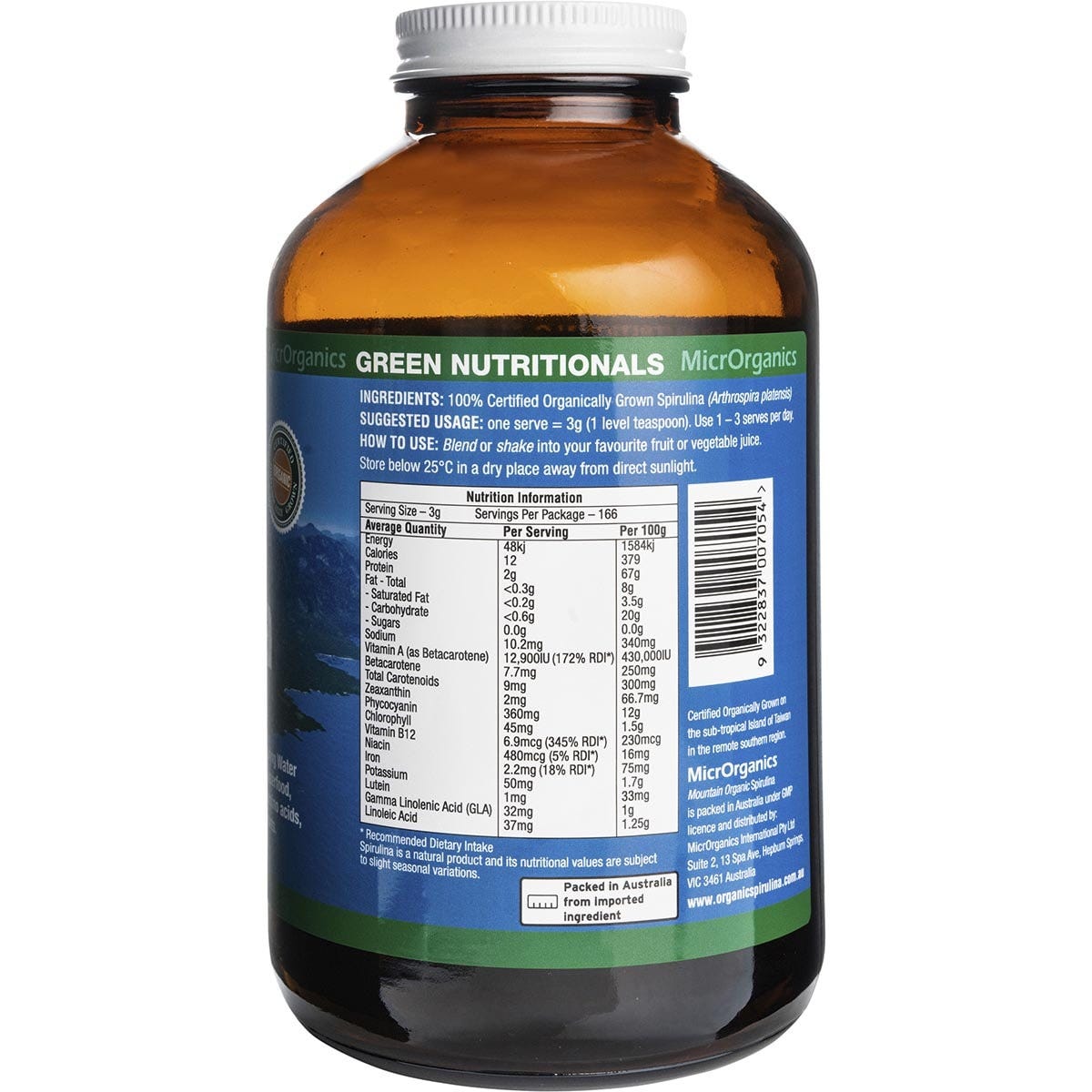 Side view of a 500g tub of Green Nutritionals Mountain Organic Spirulina Powder showing nutritional information.