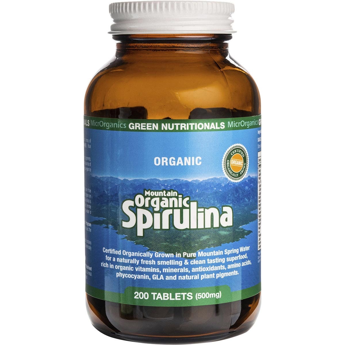 Green Nutritionals Mountain Organic Spirulina 200 tablets in an amber glass bottle with a green and white label.