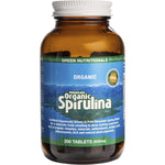 Green Nutritionals Mountain Organic Spirulina 200 tablets in an amber glass bottle with a green and white label.